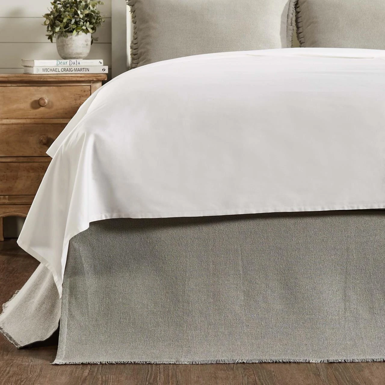 Burlap Dove Grey Fringed Bed Skirt 1 Burlap Dove Grey Fringed Bed Skirt
