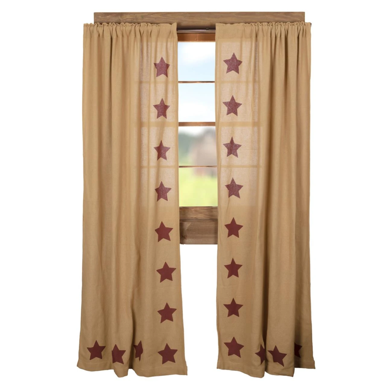Burlap Natural Burgundy Stars Panels - 80x84 1 Burlap Natural Burgundy Stars Panels - 80x84