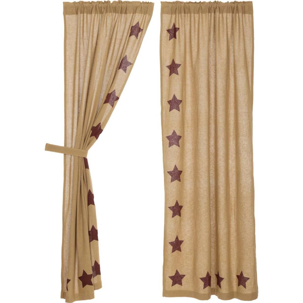 Burlap Natural Burgundy Stars Panels - 80x84 2 Burlap Natural Burgundy Stars Panels - 80x84 - Image 2
