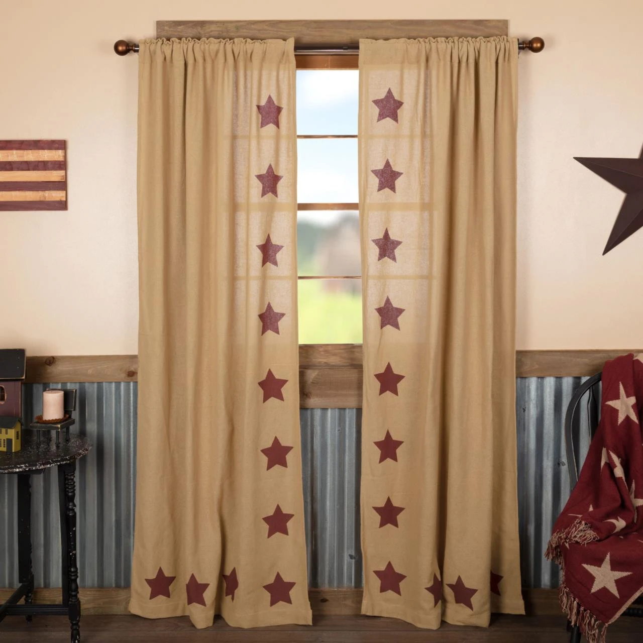 Burlap Natural Burgundy Stars Panels - 80x84 3 Burlap Natural Burgundy Stars Panels - 80x84 - Image 3